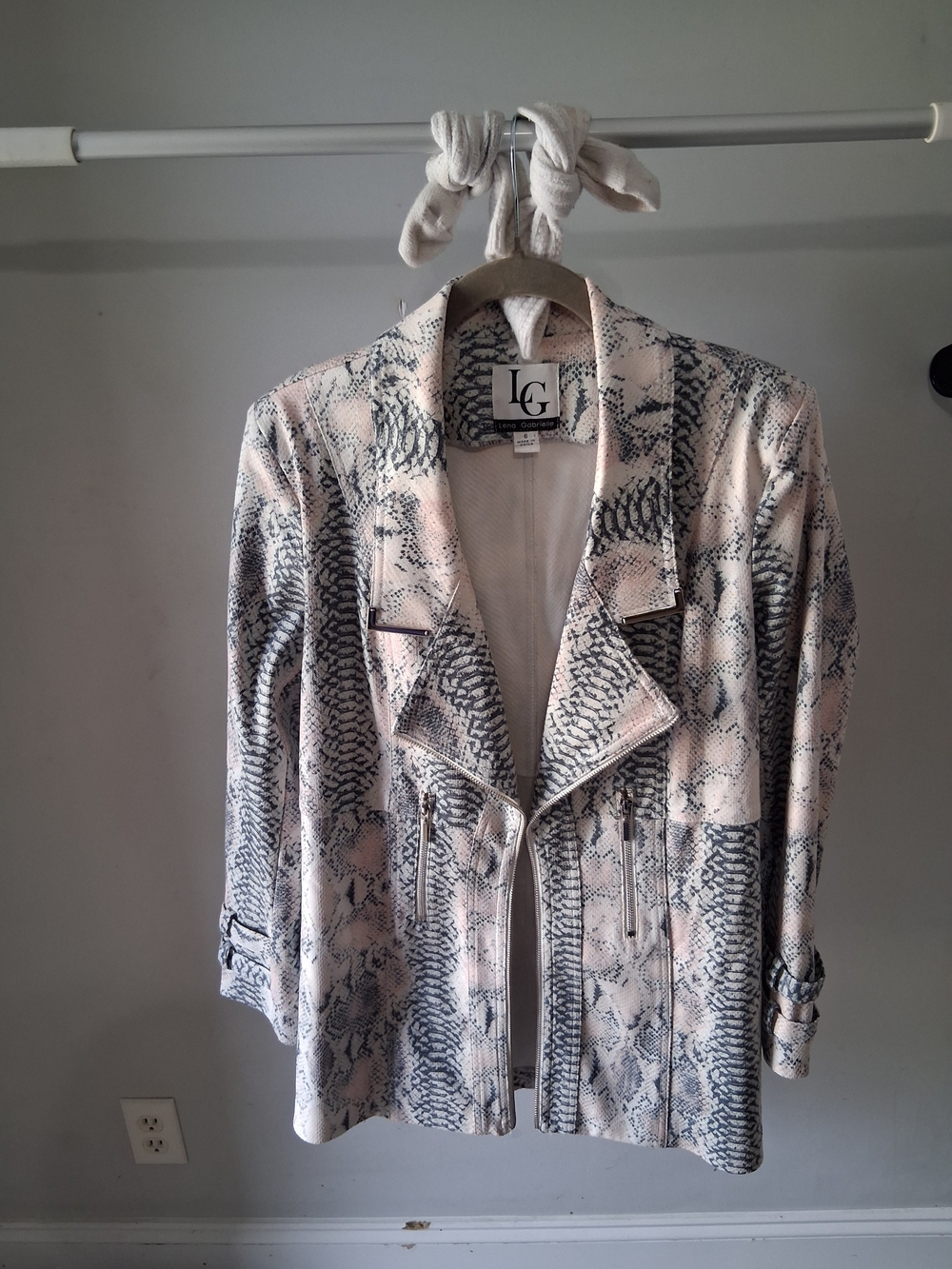 LG Blush Snake-Print Faux Leather Moto Jacket